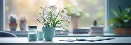 White flowers in a teal pot on a desk with a laptop, creating a serene and productive workspace.の写真素材
