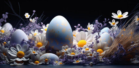 Pastel blue and white Easter eggs surrounded by white daisies and purple flowers. A festive spring...