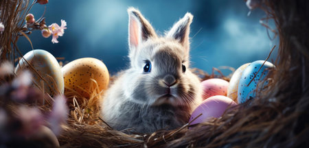 A charming gray bunny nestled amongst vibrant Easter eggs in a cozy nest. Perfect springtime image!