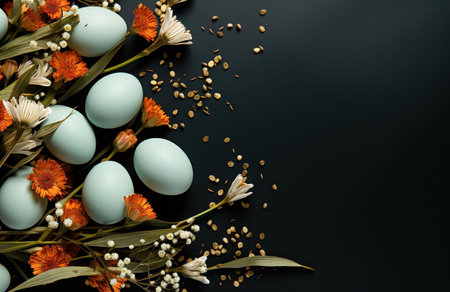 Pastel teal eggs nestled amongst vibrant orange and white flowers on a dark backdrop. Perfect for...