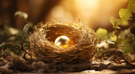 A golden egg nestled in a bird's nest, symbolizing wealth and opportunity. The warm lighting...
