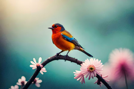 A colorful bird perched on a blossoming branch. Springtime nature photography.の写真素材