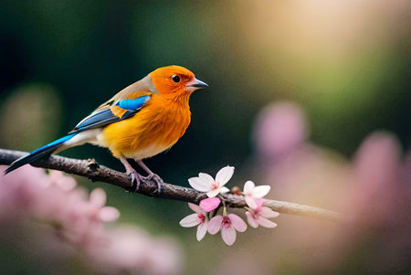 A stunning orange bird rests on a flowering branch, showcasing vibrant colors and serene beauty of nature.の写真素材