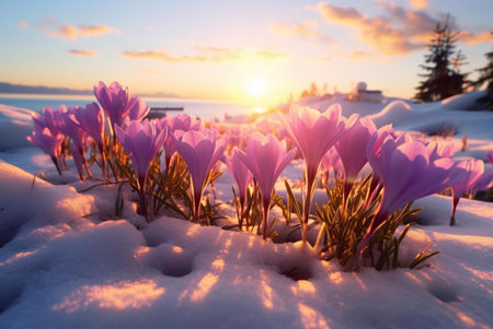Stunning sunrise over a snowy landscape, crocuses blooming in the first light of day.の写真素材