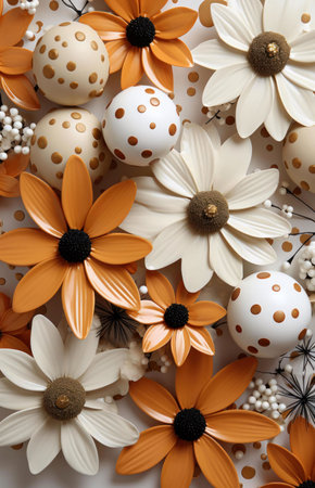 Close-up of an autumnal floral arrangement featuring orange and cream daisies, decorative spheres,...