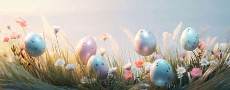 Delicate pastel Easter eggs rest amongst wildflowers and tall grasses in a vibrant spring scene.の写真素材
