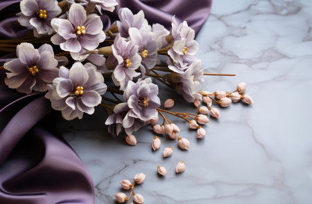 Close-up of delicate purple flowers arranged on a marble surface with purple silk fabric. Elegant and romantic imageの写真素材