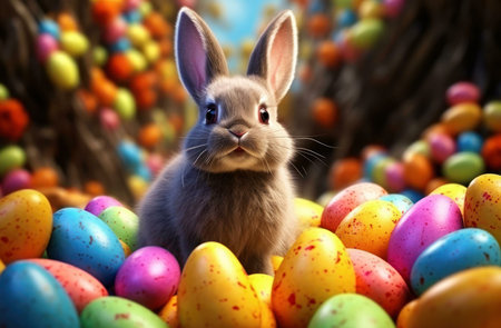 A cute bunny rabbit sits in a nest of colorful Easter eggs, capturing the joy and excitement of the...