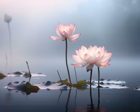 Two delicate pink lotus flowers bloom in a serene pond, their reflections shimmering in the misty morning light.の写真素材