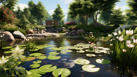 A tranquil pond with lily pads and lush green trees surrounding it. The water is calm and reflects the bright sky above. The scene is peaceful and serene, with a hint of wild beauty.の写真素材
