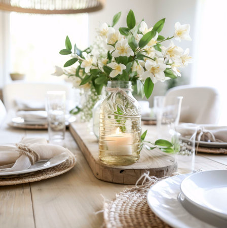 A close-up view of white flowers in a glass vase as a centerpiece on a wooden table, creating a...