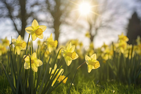 A close-up view of a field of daffodils bathed in sunlight, showing the vibrant yellow flowers against a backdrop of lush green grass.の写真素材
