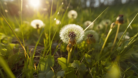 A single dandelion flower stands out in a field of green grass, bathed in the warm light of the setting sun. The delicate petals of the dandelion are illuminated, creating a sense of peace and serenity.の写真素材