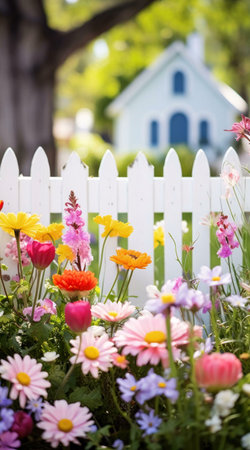 A vibrant flower garden blooms in front of a white picket fence, capturing the beauty of spring in a suburban landscape.の写真素材