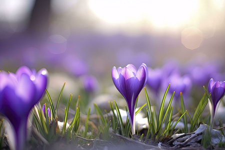 A close-up of purple crocuses blooming in a field during spring. The soft light and shallow depth of...