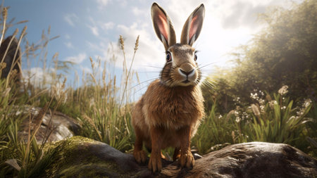 A brown rabbit standing on a rock in a meadow, looking curious and playful with a soft green and brown background. The rabbit's fluffy fur, whiskers, and big eyes add to its adorable nature. The sun creates warm, natural light on the subject.の写真素材