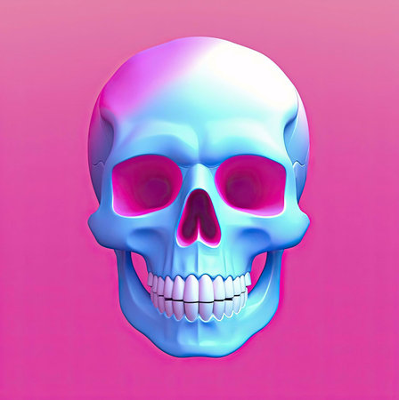 A colorful and stylish digital rendering of a human skull, featuring neon gradient colors and a...