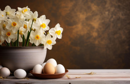 A lovely spring still life featuring a bunch of white daffodils in a gray pot, next to some Easter eggs on a rustic wooden table.の写真素材