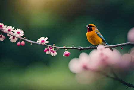 A vibrant yellow bird rests on a branch adorned with delicate pink blossoms. Nature's beauty captured in a serene moment.の写真素材