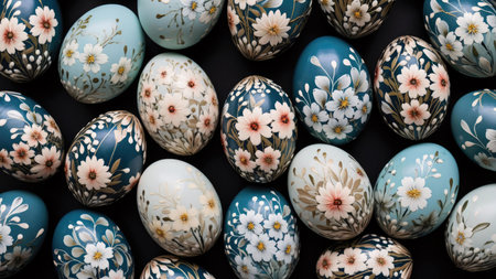 A stunning collection of hand-painted Easter eggs showcasing intricately floral patterns in soft pastel and teal hues. Perfect for spring celebrations.の写真素材