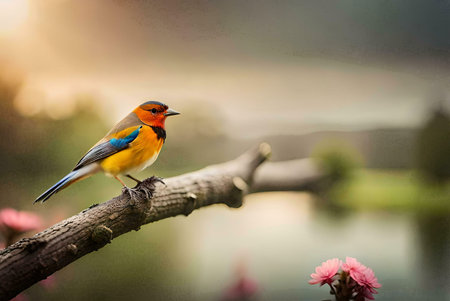 A vibrant bird perched on a branch, surrounded by soft light and delicate flowers. A serene nature photograph.の写真素材