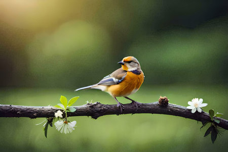 A small, colorful bird rests peacefully on a branch adorned with delicate white blossoms. A serene and beautiful nature scene.の写真素材