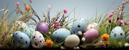 Pastel colored Easter eggs nestled amongst wildflowers and grass. A springtime scene of celebration.