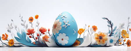 A vibrant Easter image featuring a light blue egg adorned with flowers, surrounded by a captivating arrangement of spring blossoms.の写真素材