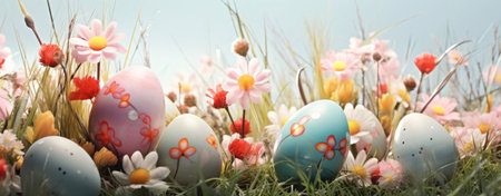 Pastel Easter eggs nestled amongst vibrant spring flowers in a lush green meadow. A cheerful image...
