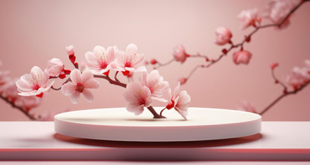 A branch of delicate pink cherry blossoms rests on a minimalist platform against a soft pink backdrop. The image evokes a sense of calm and spring.の写真素材