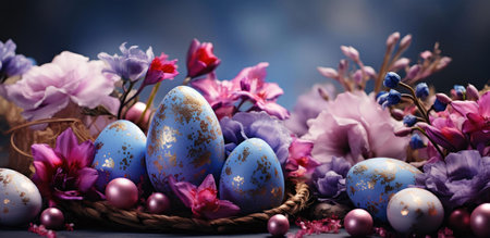 A delightful arrangement of Easter eggs, adorned with gold accents, nestled among vibrant pink and purple blossoms. A perfect spring celebration image.の写真素材