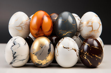 A group of beautifully decorated Easter eggs, each with a unique marble effect and gold accents....