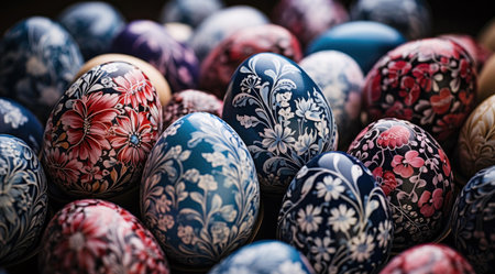 Many hand-painted easter eggs with floral designs, showing intricate details and vibrant colors. A festive and colorful image.の写真素材