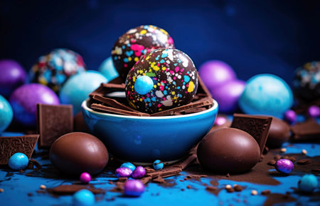 A vibrant image of colorful chocolate Easter eggs nestled in a blue bowl surrounded by chocolate pieces and more eggs.の写真素材