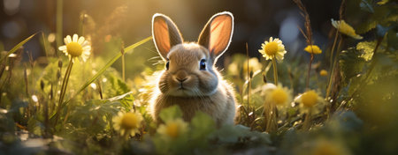 A charming bunny sits amidst yellow dandelions in a sun-drenched meadow.の写真素材