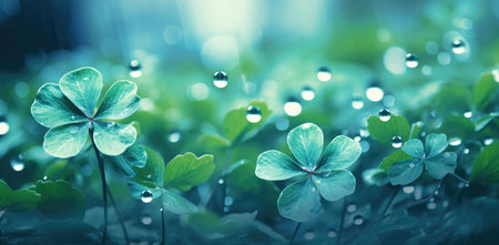 Close-up of clover leaves glistening after a rain shower. Serene, natural beauty.
