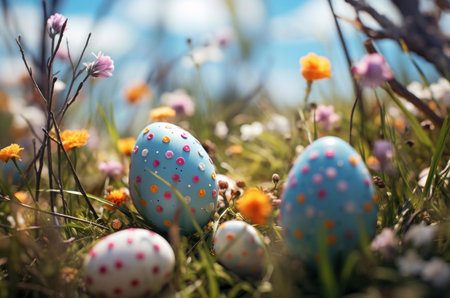 Delicate pastel eggs nestled amongst vibrant wildflowers in a sunny spring meadow. A perfect Easter scene.の写真素材