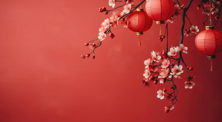 Red Chinese lanterns and delicate cherry blossoms on a red background. A festive image for Lunar New Year.の写真素材