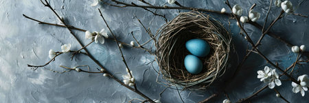 A tranquil springtime scene featuring two light blue eggs nestled in a bird's nest surrounded by...