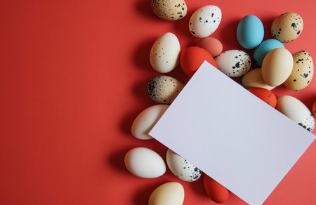 A collection of colorful Easter eggs with a blank white card on a red background. Perfect for your spring messageの写真素材