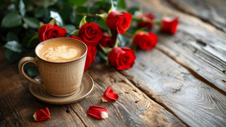 Aromatic cappuccino with latte art, surrounded by beautiful red roses on a rustic wooden table. Perfect for Valentine's Day or a romantic moment.の写真素材
