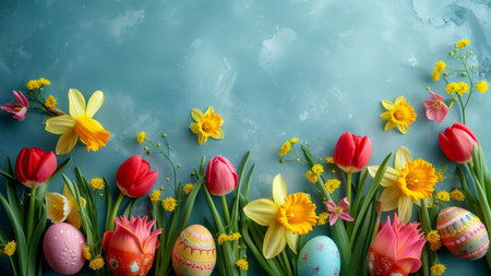 A stunning Easter scene featuring painted eggs nestled amongst blooming tulips and daffodils.の写真素材
