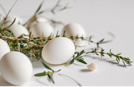 Close-up shot of white eggs surrounded by fresh herbs. Minimalist food photography.の写真素材
