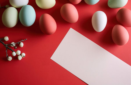 A flatlay of pastel colored eggs on a red background with a blank card. Perfect for Easter...