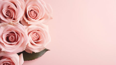 Close-up of delicate pink roses arranged on a soft pink background. A beautiful and romantic image.の写真素材