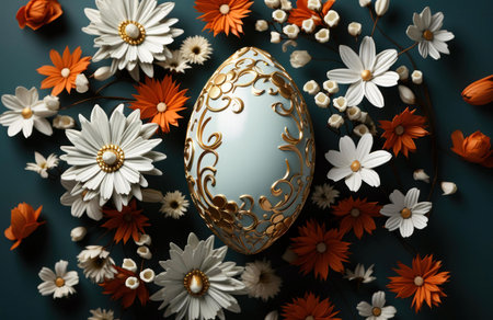 A stunning Easter egg, embellished intricately with gold detailing, rests amidst a vibrant...