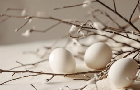 Close-up shot of three white eggs nestled amongst delicate, bare branches. A minimalistic and serene Easter still life.の写真素材