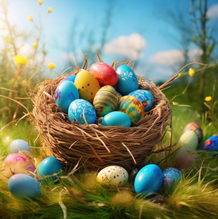 A delightful scene of colorful Easter eggs in a bird's nest, nestled in a vibrant spring meadow.