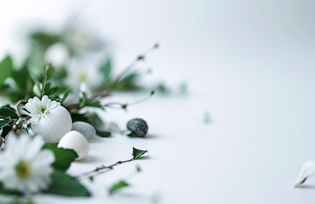 A serene Easter still life featuring white eggs, delicate white flowers, and lush green foliage...