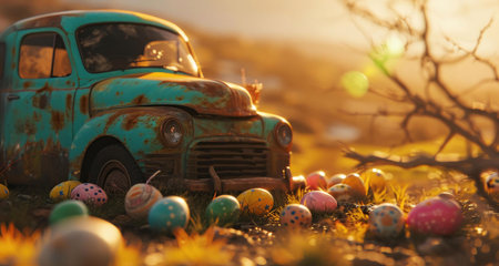A rusty vintage truck sits amidst a scattering of colorful Easter eggs at sunrise. A peaceful, joyful scene.の写真素材